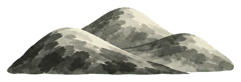 Ink wash style mountain ridge sticker with layered gray peaks.
