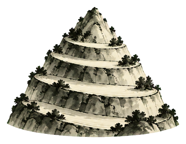 Ink wash mountain with terraced hill layers in a black and white sticker graphic
