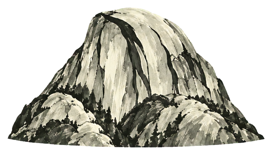 Ink wash mountain illustration with a rounded granite dome and rocky base
