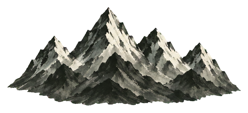 Black ink wash mountain range with a jagged sawtooth ridge and pale highlights