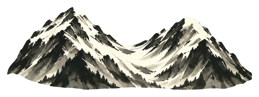 Black and white ink wash mountains with sharp alpine peaks
