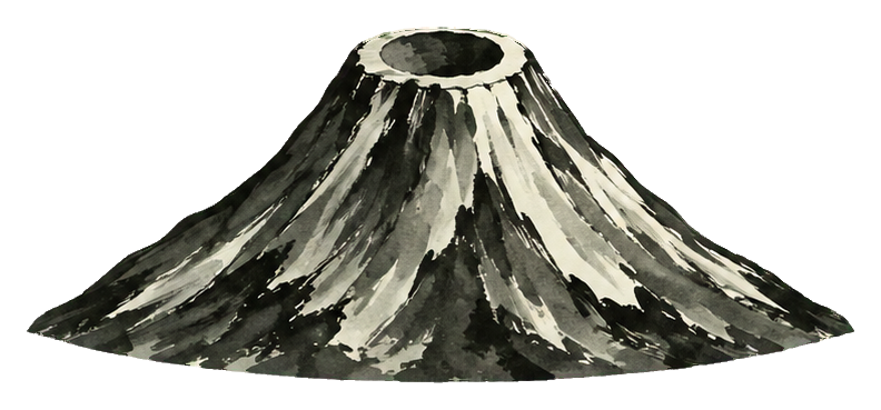 Black and white ink wash volcanic cone mountain sticker with a brush-painted style.