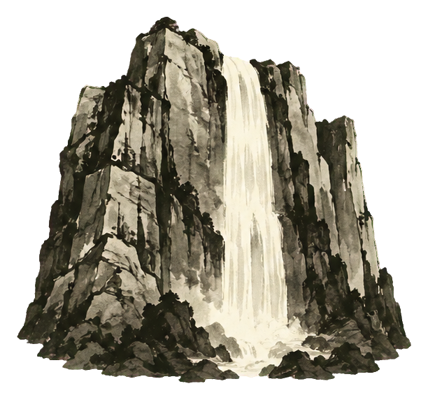 Ink wash mountain cliff with a tall waterfall and rugged peaks.