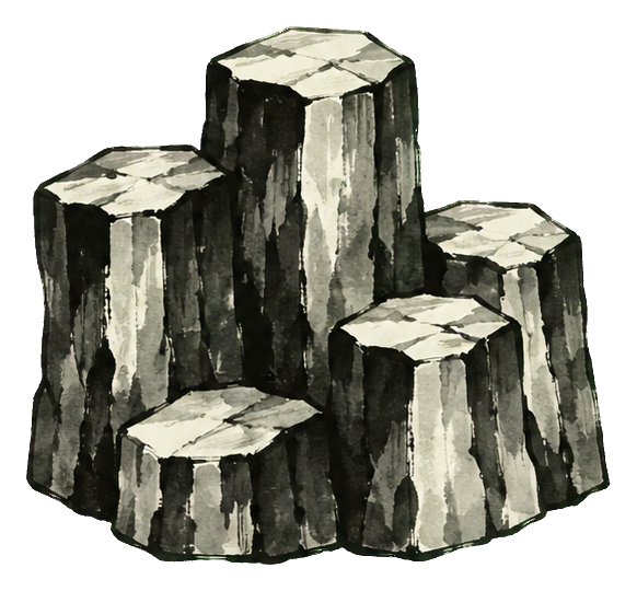 Ink wash style mountain formation with tall basalt columns in shades of gray and black.