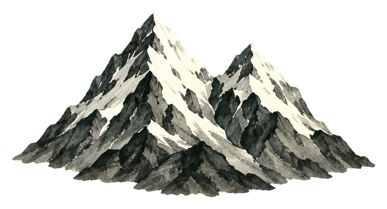 Black and white ink wash twin mountain illustration with snowy peaks and shaded slopes.