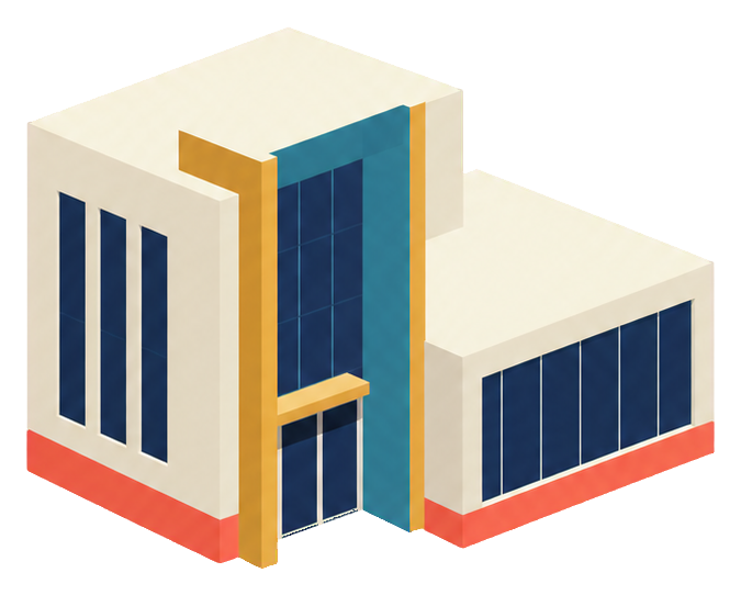 Isometric art gallery building with blue windows and a cream facade