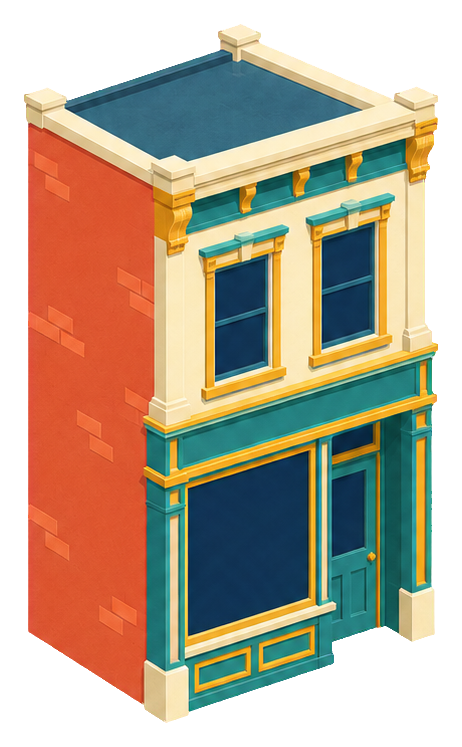 Isometric illustration of a two-story bookshop city building with blue windows and a red side wall.