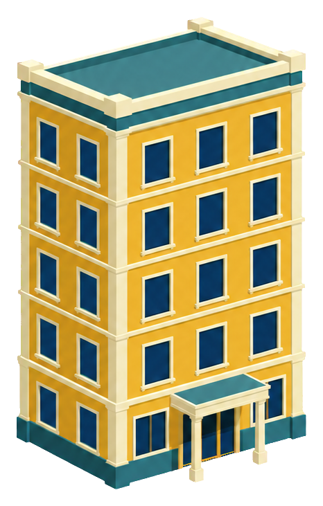 Isometric yellow boutique hotel building with blue windows and small entrance