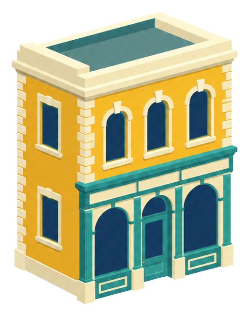 Isometric yellow flower shop building with teal trim and arched windows