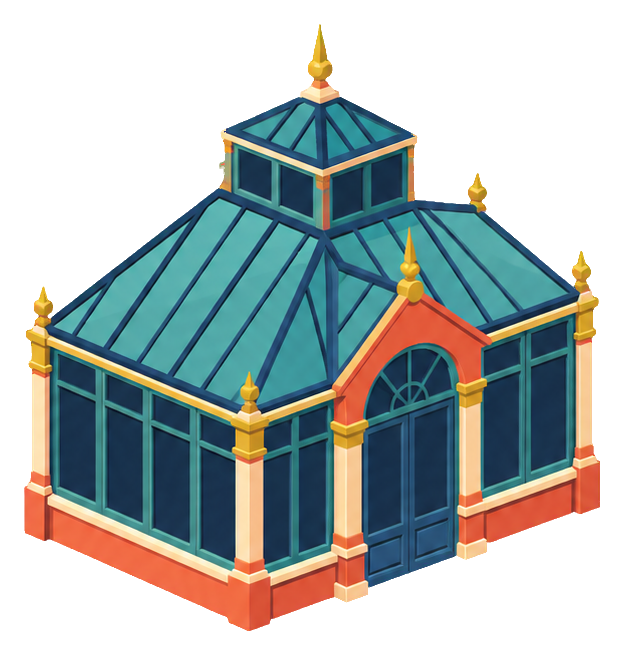 Isometric greenhouse-style city building with teal roof and orange trim