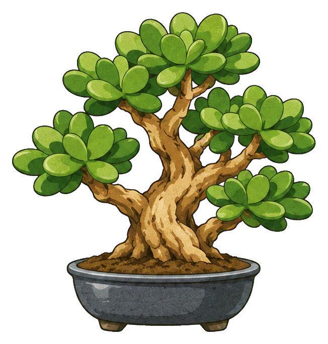 A jade plant bonsai in a shallow gray pot with rounded green leaves and twisted trunk.