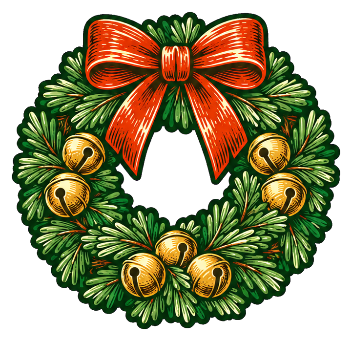 Festive Christmas wreath with red bow and gold bells