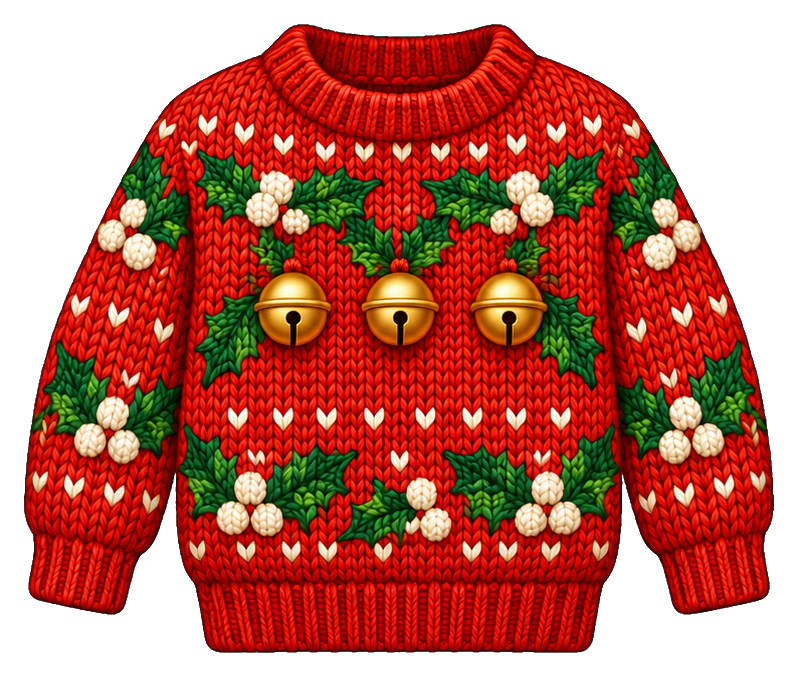 Red ugly Christmas sweater with white patterns and three gold jingle bells.