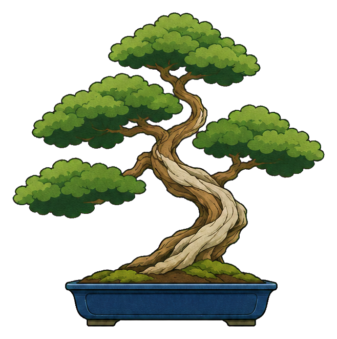 Illustrated juniper bonsai tree in a blue pot with a twisting trunk and layered green foliage.