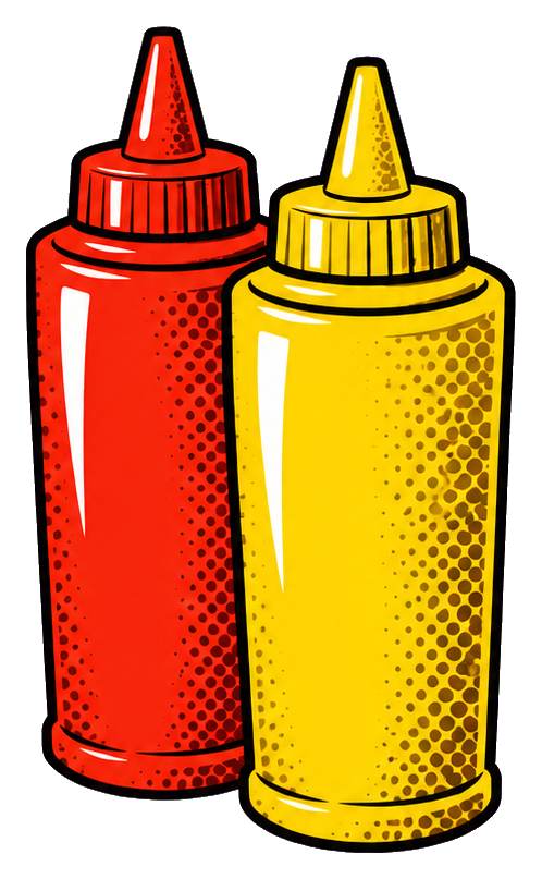 Red ketchup bottle and yellow mustard bottle in pop art style