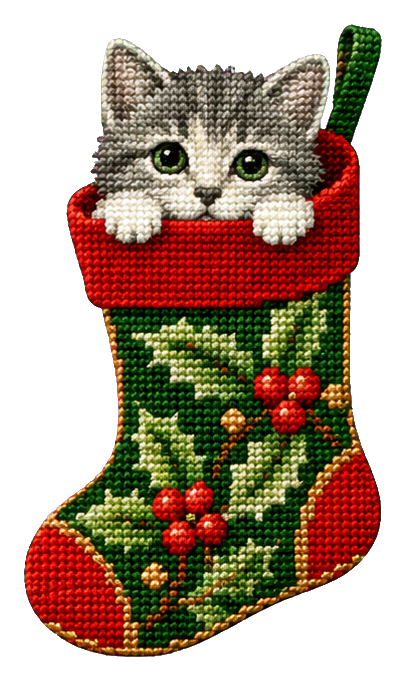 Kitten peeking out of a red and green Christmas stocking sticker
