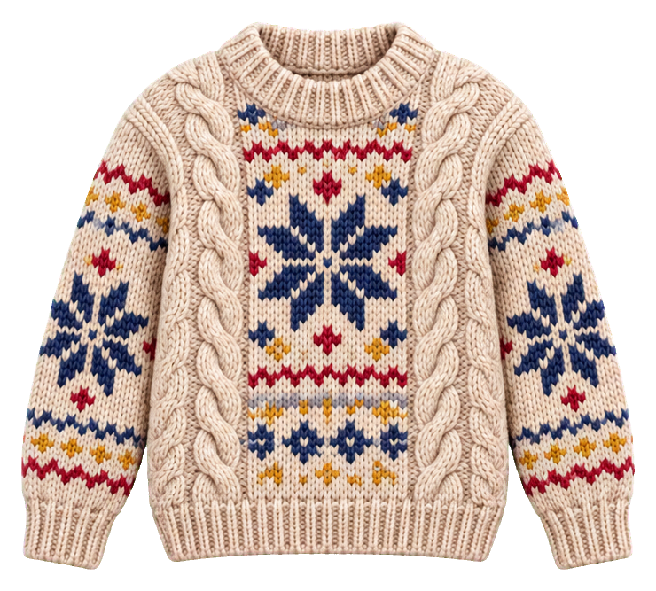 Cable knit sweater with winter Nordic pattern and snowflake design