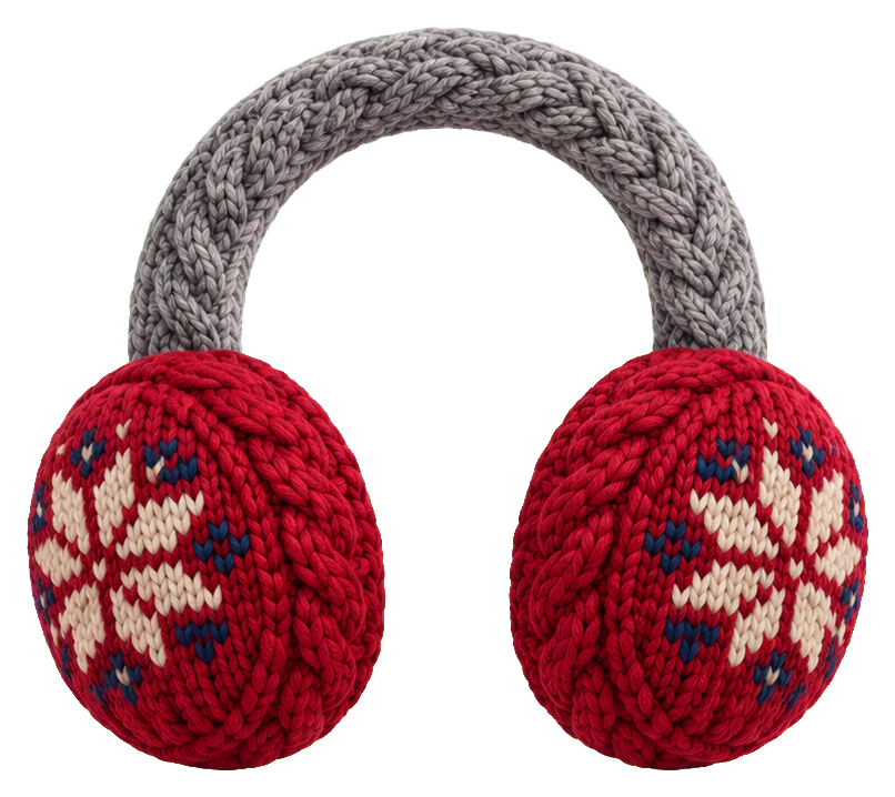 Red knitted earmuffs with cream snowflake patterns and a gray headband