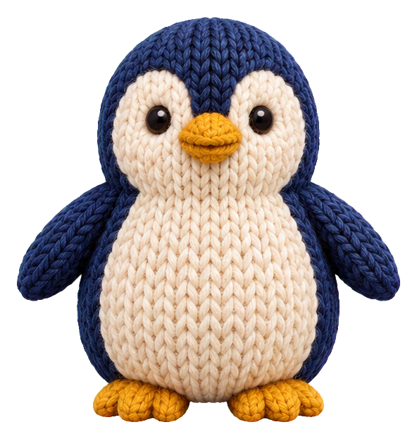 A knitted penguin with blue wings, cream belly, and orange feet