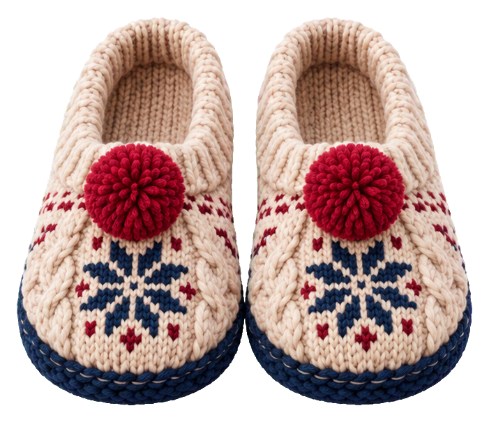 Pair of knitted winter slippers with red pom-poms and Nordic pattern