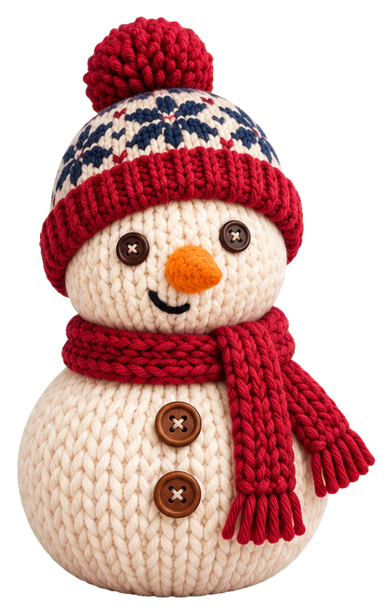 Knitted snowman with red scarf, pom-pom hat, and button details