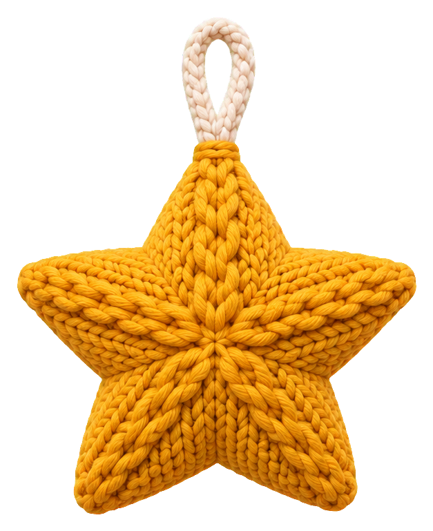 Yellow knitted star ornament with a loop for hanging