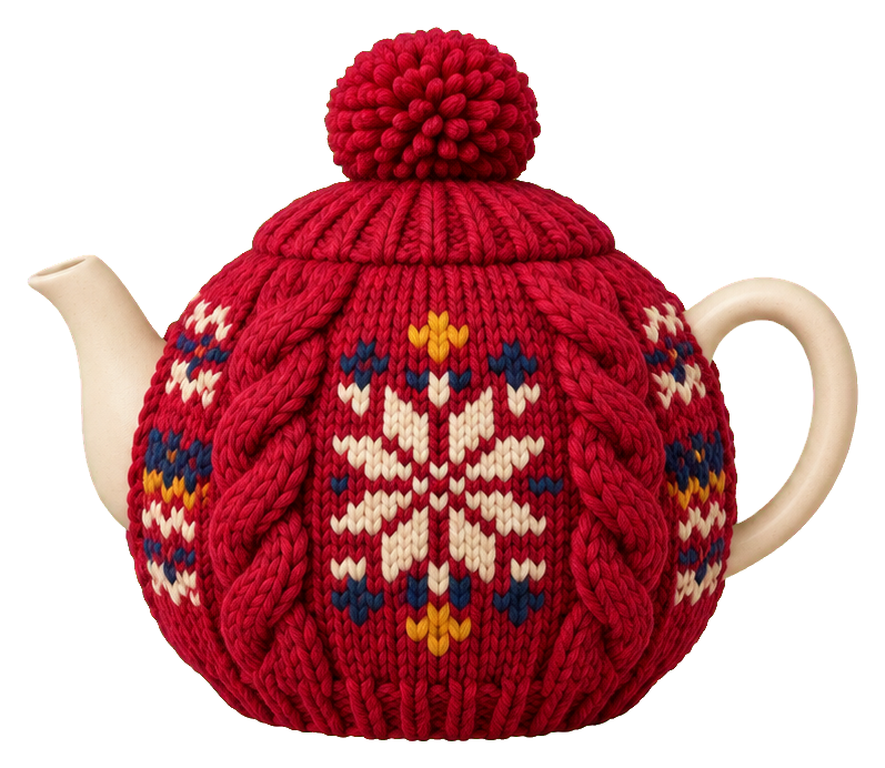Red knitted teapot with a white snowflake pattern and pom pom top