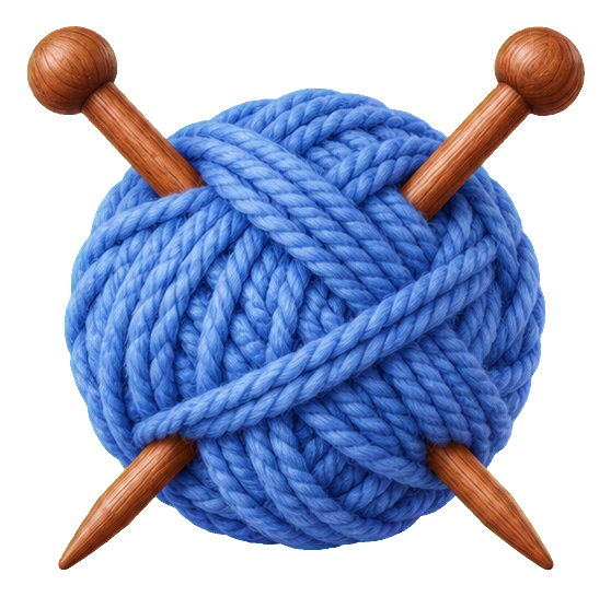 Blue yarn ball with crossed wooden knitting needles.