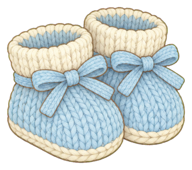 Two pairs of light blue knitted baby booties with cream trim and ribbon bows