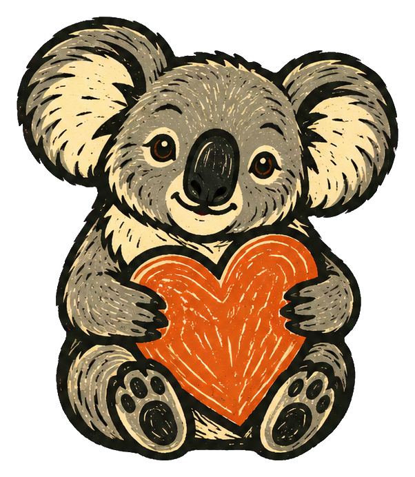 Linocut-style koala holding an orange heart in its paws