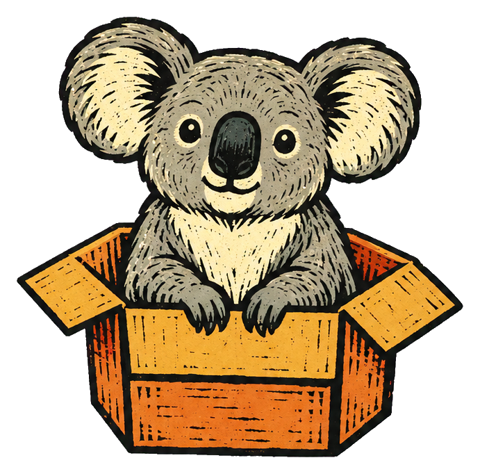 Cute koala sitting in a cardboard box sticker graphic