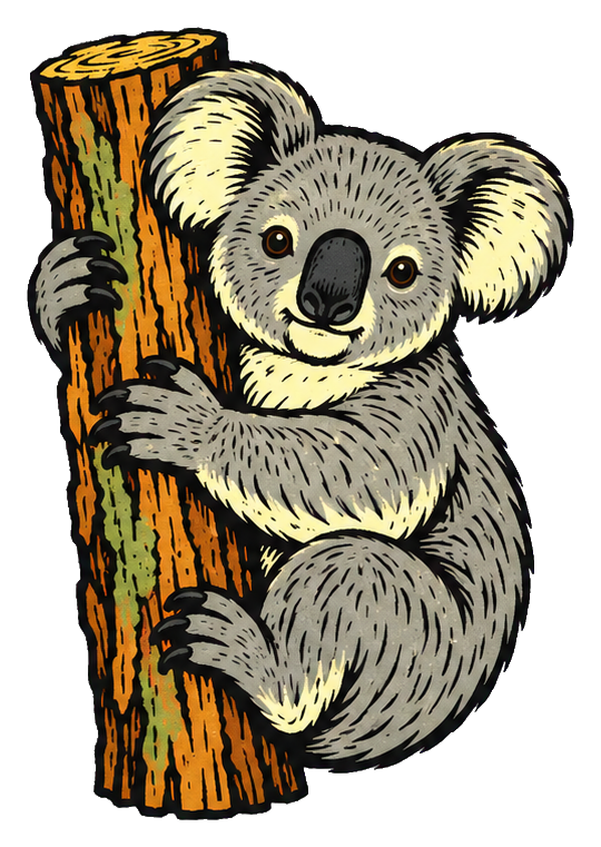 Cute koala hugging a tree trunk with a hand-drawn linocut look.