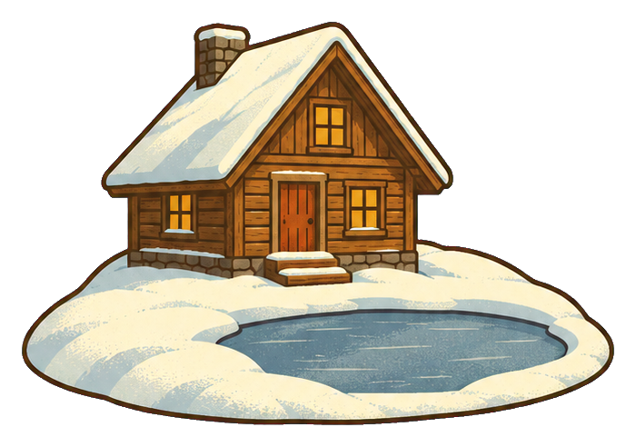 A cozy log cabin beside a frozen lake with snow covering the ground and roof
