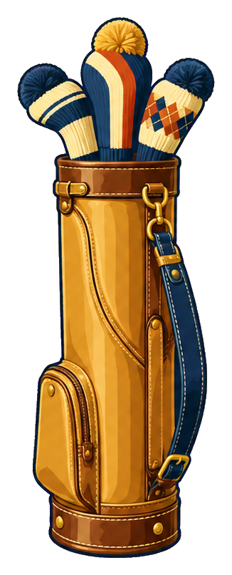 Tall leather golf bag filled with golf clubs and headcovers