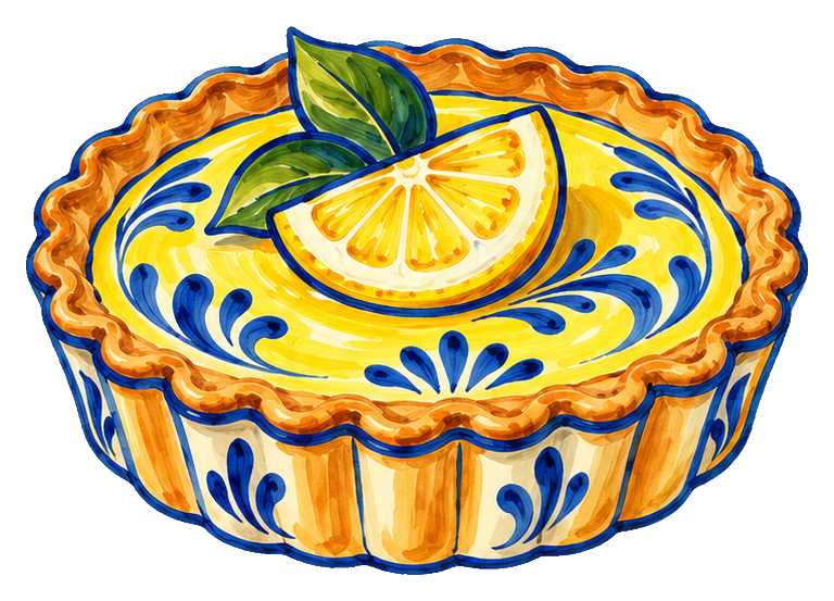 Illustrated lemon curd tart in a ceramic dish with a lemon slice on top