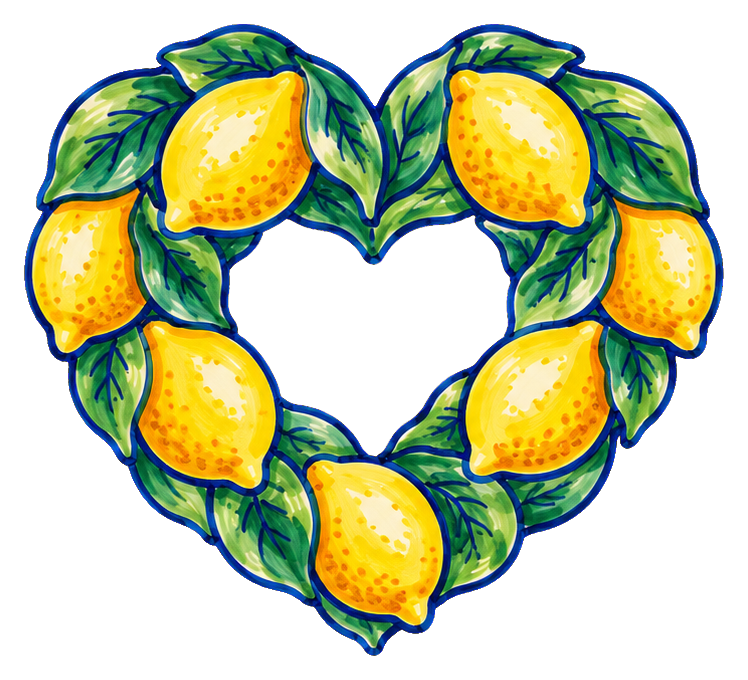 Heart-shaped wreath made of lemons and green leaves with a ceramic-style illustration