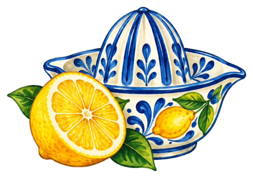 Ceramic lemon juicer decorated with blue patterns and sliced lemons
