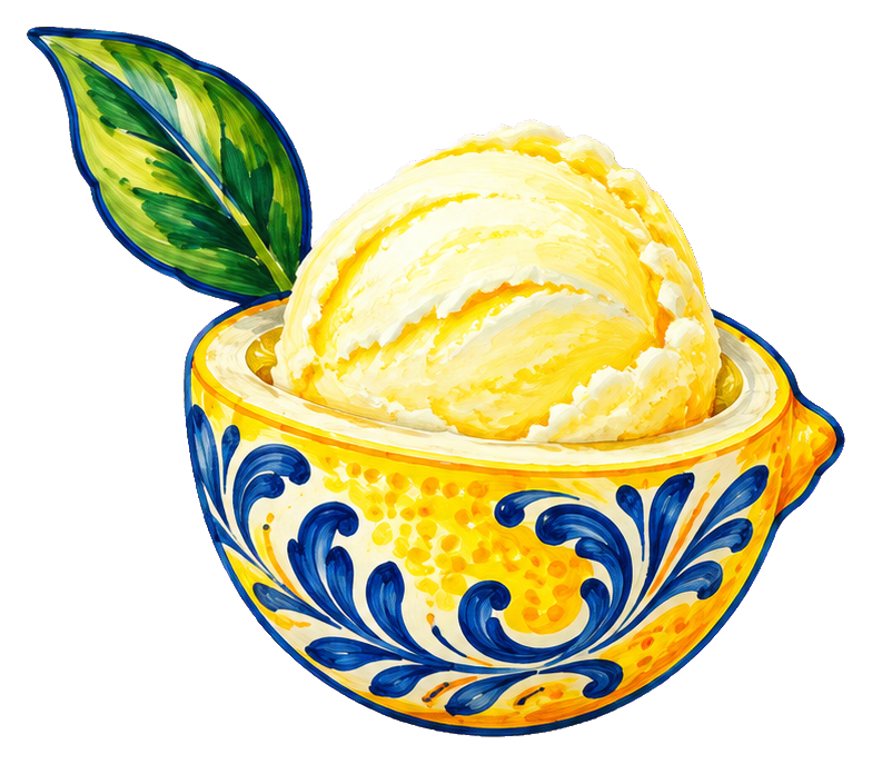 A ceramic bowl filled with lemon sorbet and a lemon leaf garnish.