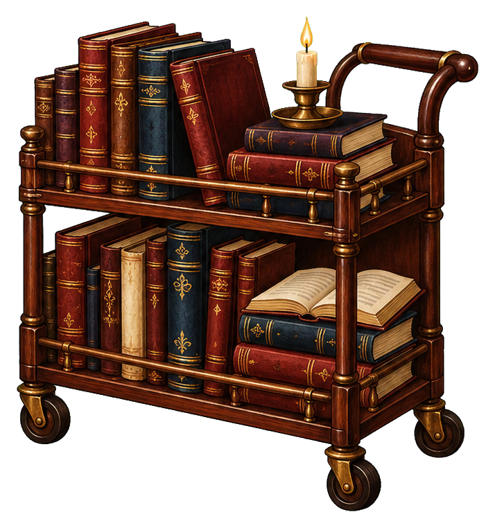 Vintage library cart stacked with books and a small lantern