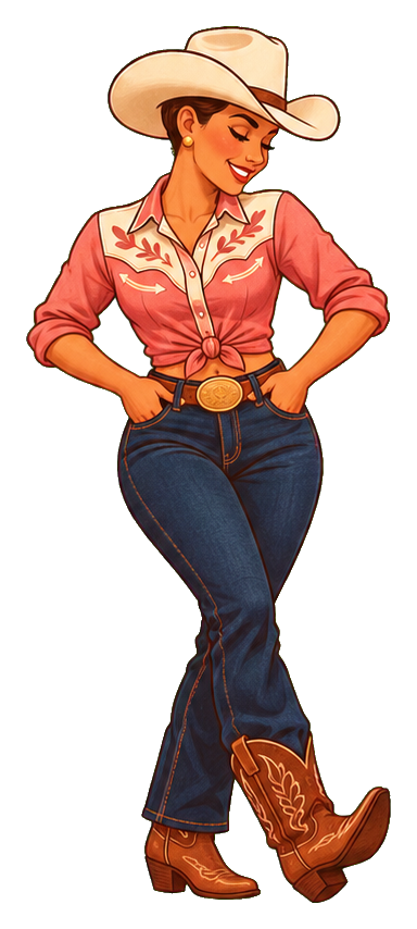 Smiling cowgirl in a cowboy hat, western shirt, jeans, and boots posing with one leg crossed.