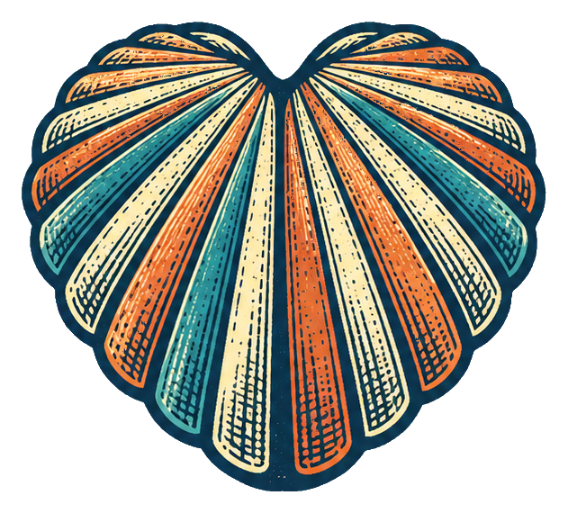 Decorative linocut cockle shell with blue, orange, and cream striped details.