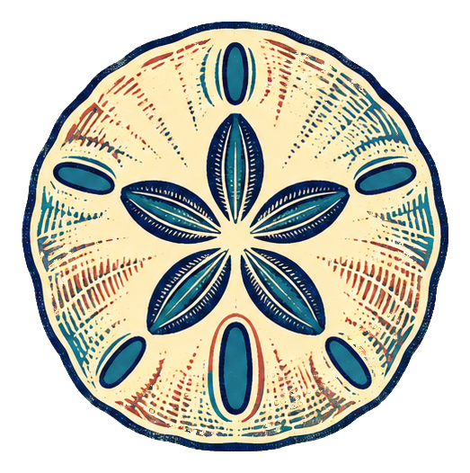 Round linocut-style sand dollar with shell petal shapes and warm blue and cream details