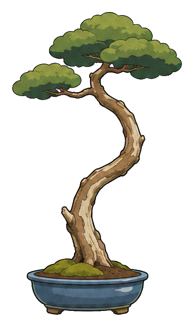 A stylized pine bonsai tree growing from a blue pot with a curving trunk.