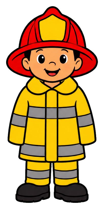 Smiling child firefighter wearing a helmet and yellow turnout gear with reflective stripes.