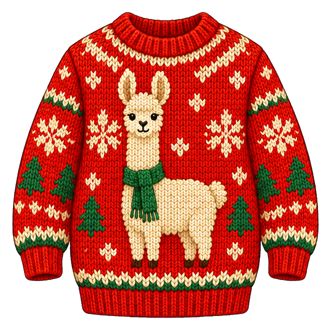 Funny llama wearing a red Christmas ugly sweater with knit holiday patterns.