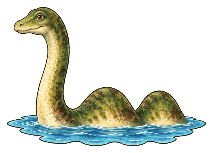 Cartoon Loch Ness Monster rising from blue water with a long neck and spotted green body