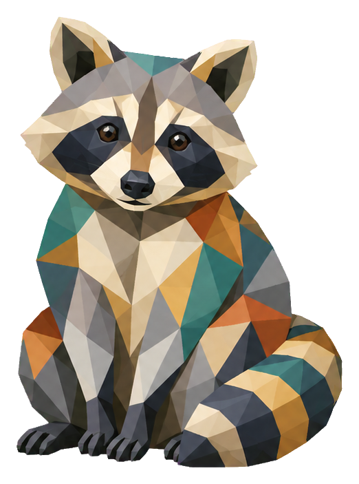 Low poly geometric raccoon sitting with pointed ears and a curled tail