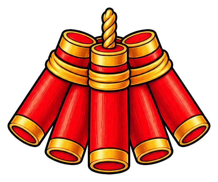 Bundle of red and gold firecrackers tied together with a lit fuse.