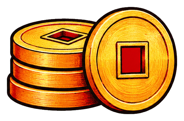 Stack of gold coins with a single coin standing in front, featuring a square center detail.