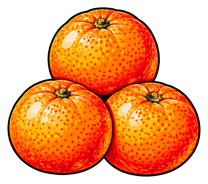 Three bright mandarin oranges stacked in a triangular arrangement.